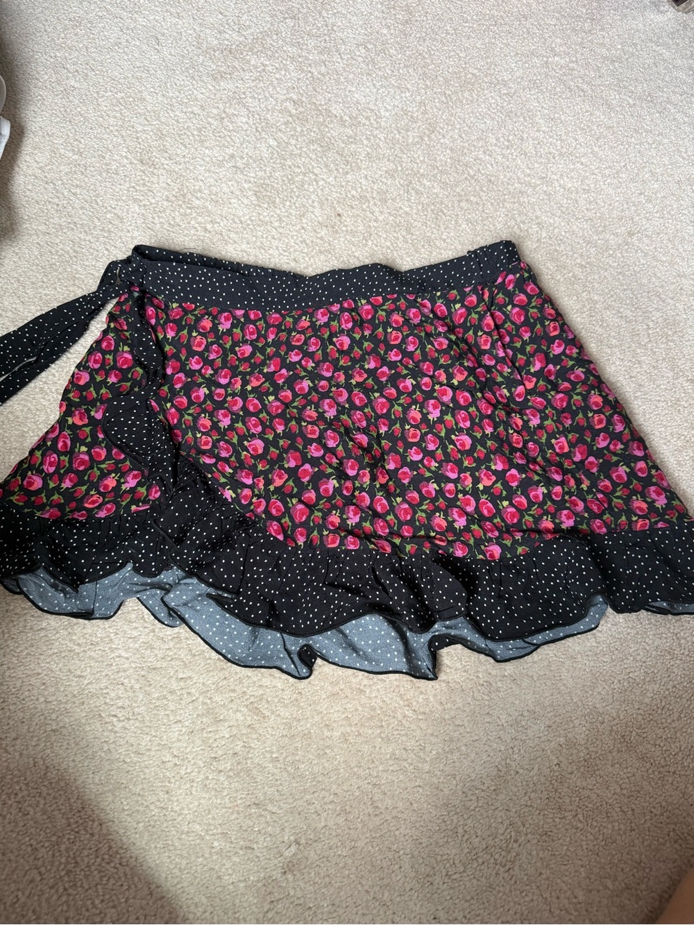 Urban Outfitters Black Mini Wrap Skirt with Pink Floral Print